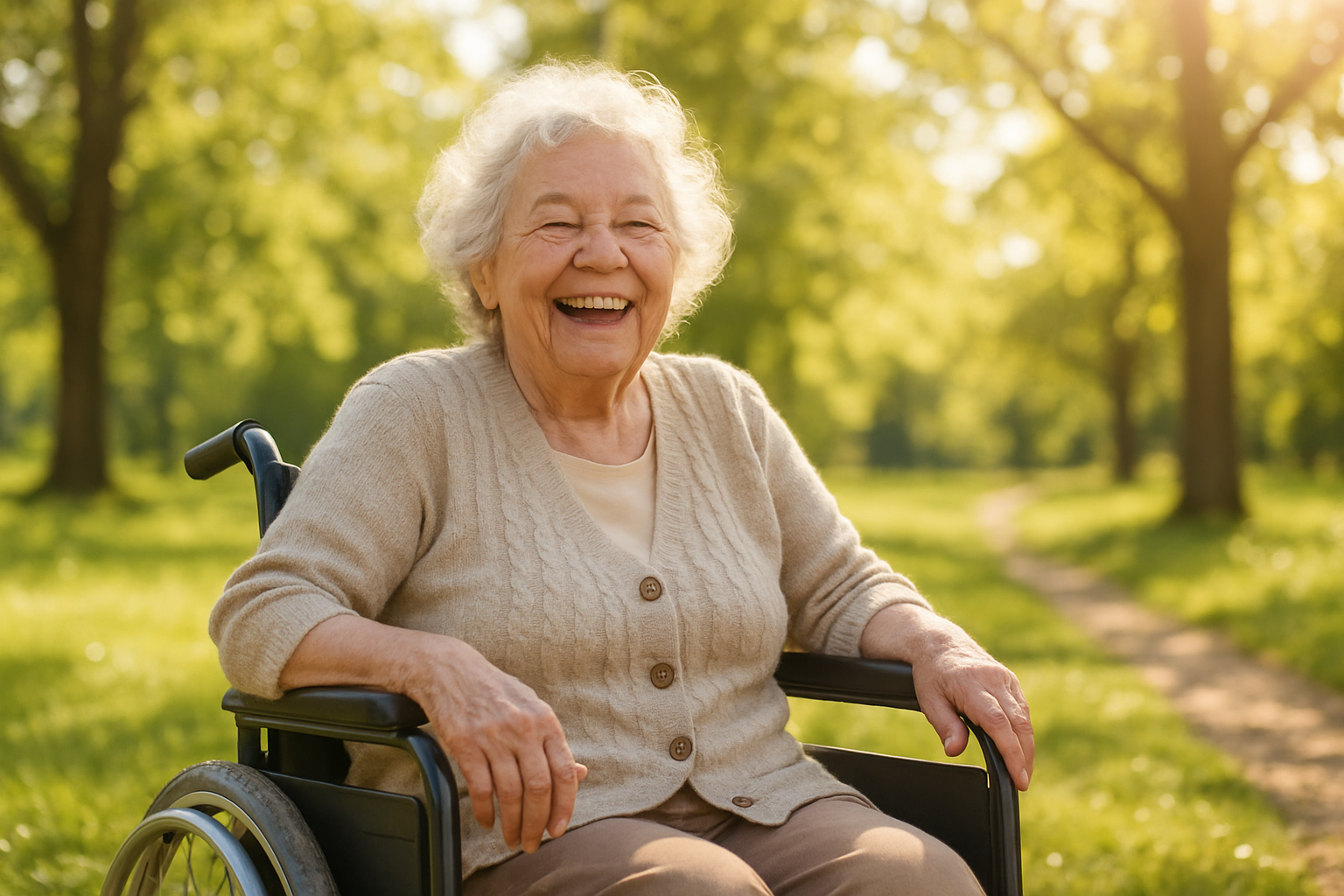 anciano feliz en silla de ruedas en exterior