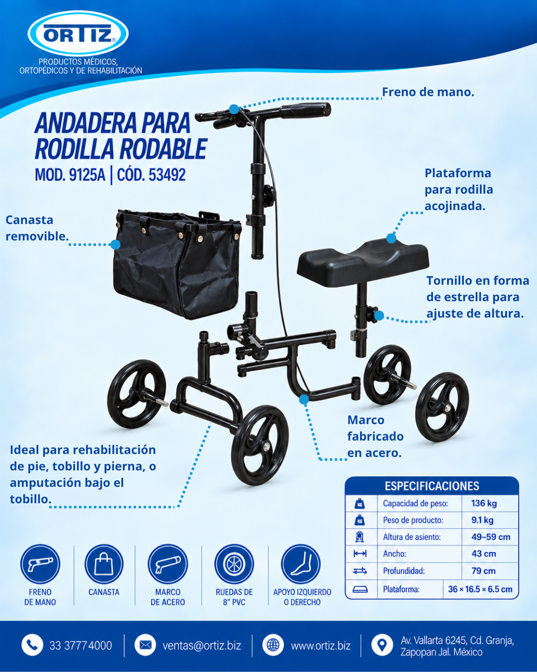 Andadera Para Rodilla Con Ruedas Y Freno Ortiz MOD. 9125A