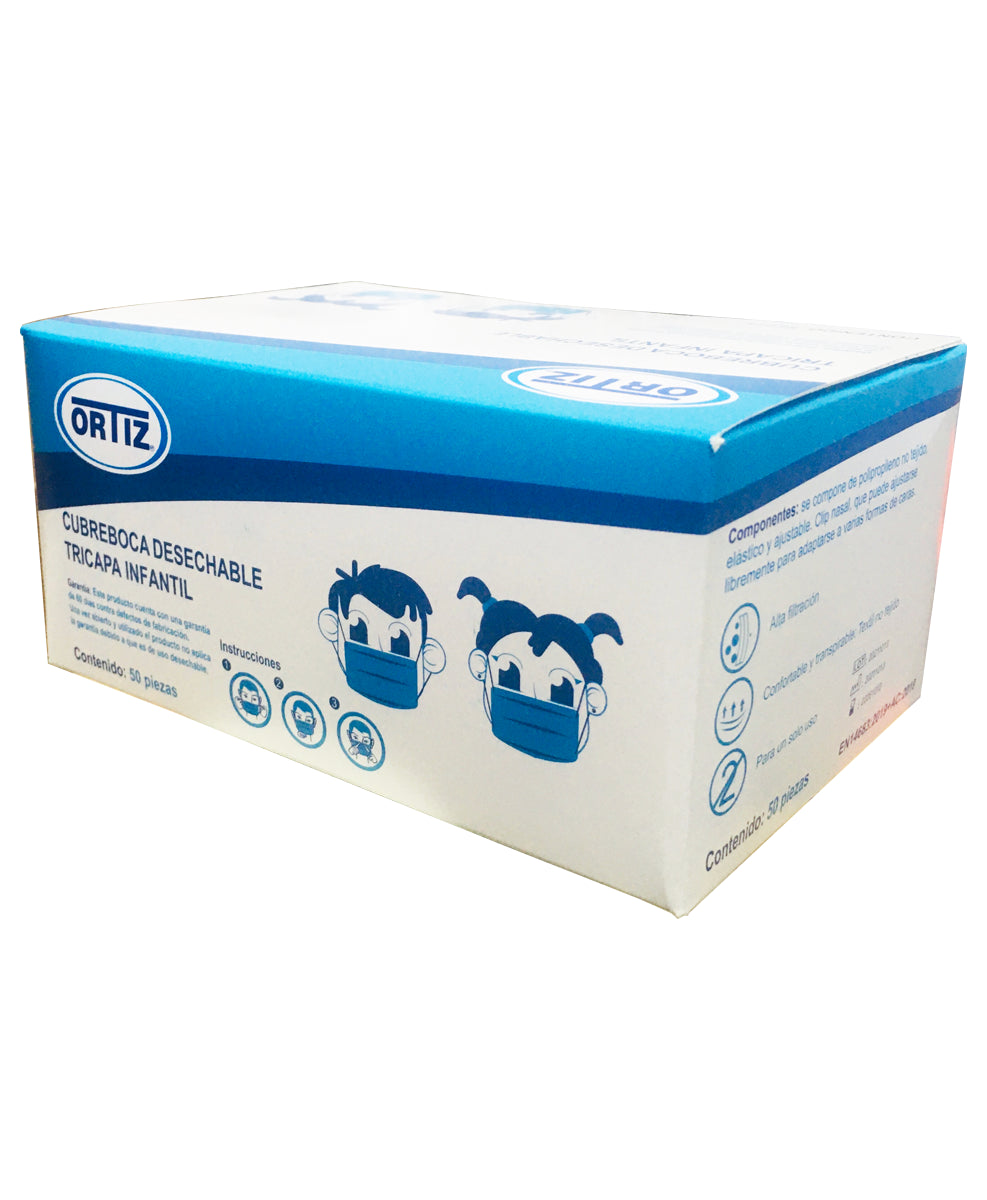 Cubrebocas infantil azul caja con 50 piezas (3-pack) azul liso