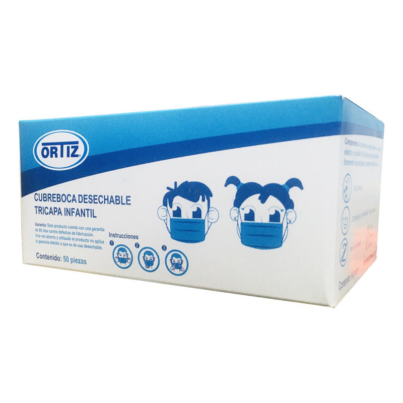 Cubreboca Infantil Azul 3 Capas Ortiz C/50 Pza (5-pack) Azul Liso