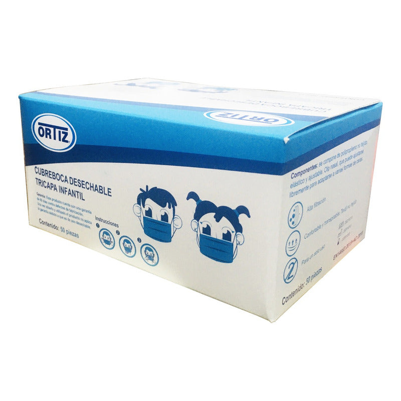 Cubreboca Infantil Azul 3 Capas Ortiz C/50 Pza (5-pack) Azul Liso