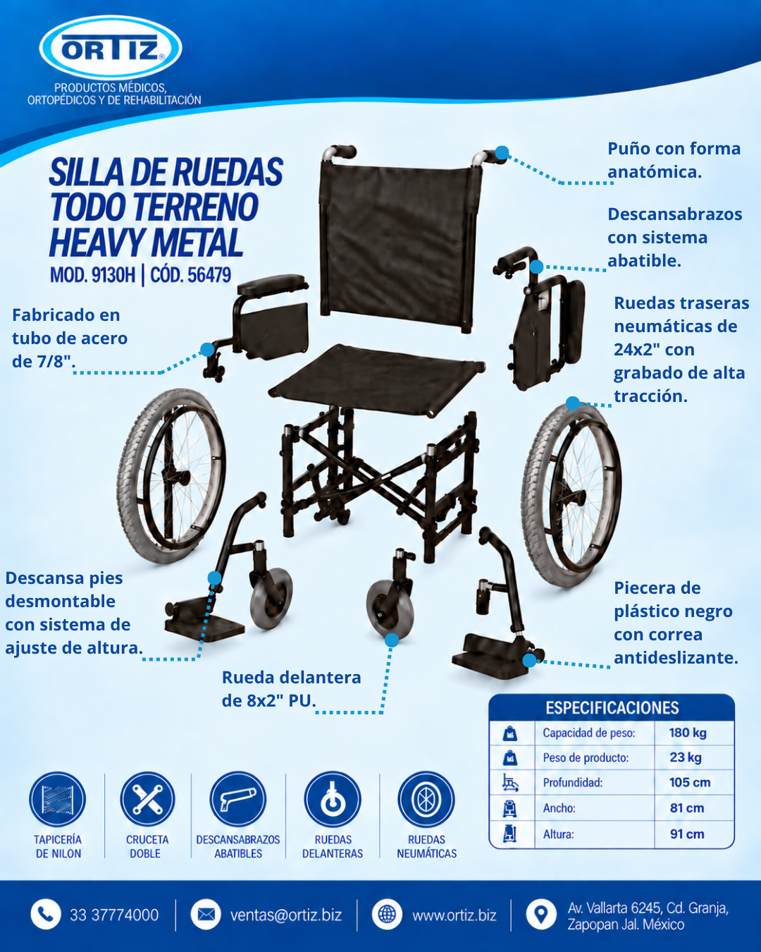 Silla de ruedas sobrepeso capacidad 180kg asiento ancho de 61 cm MOD. 9130H heavy metal